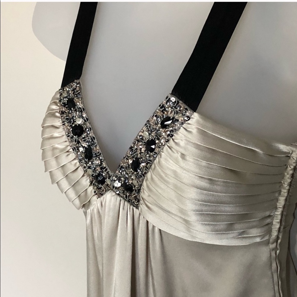 BCBGMaxAzria Ivory Satin Dress with Black Straps and Embellished V-Neck - Picture 7 of 7